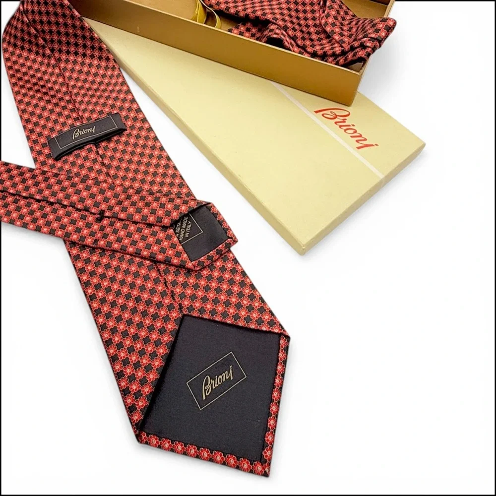 Brioni Micro Geometric Silk Tie Pocket Square Box Set Red Navy Italy Handmade XL